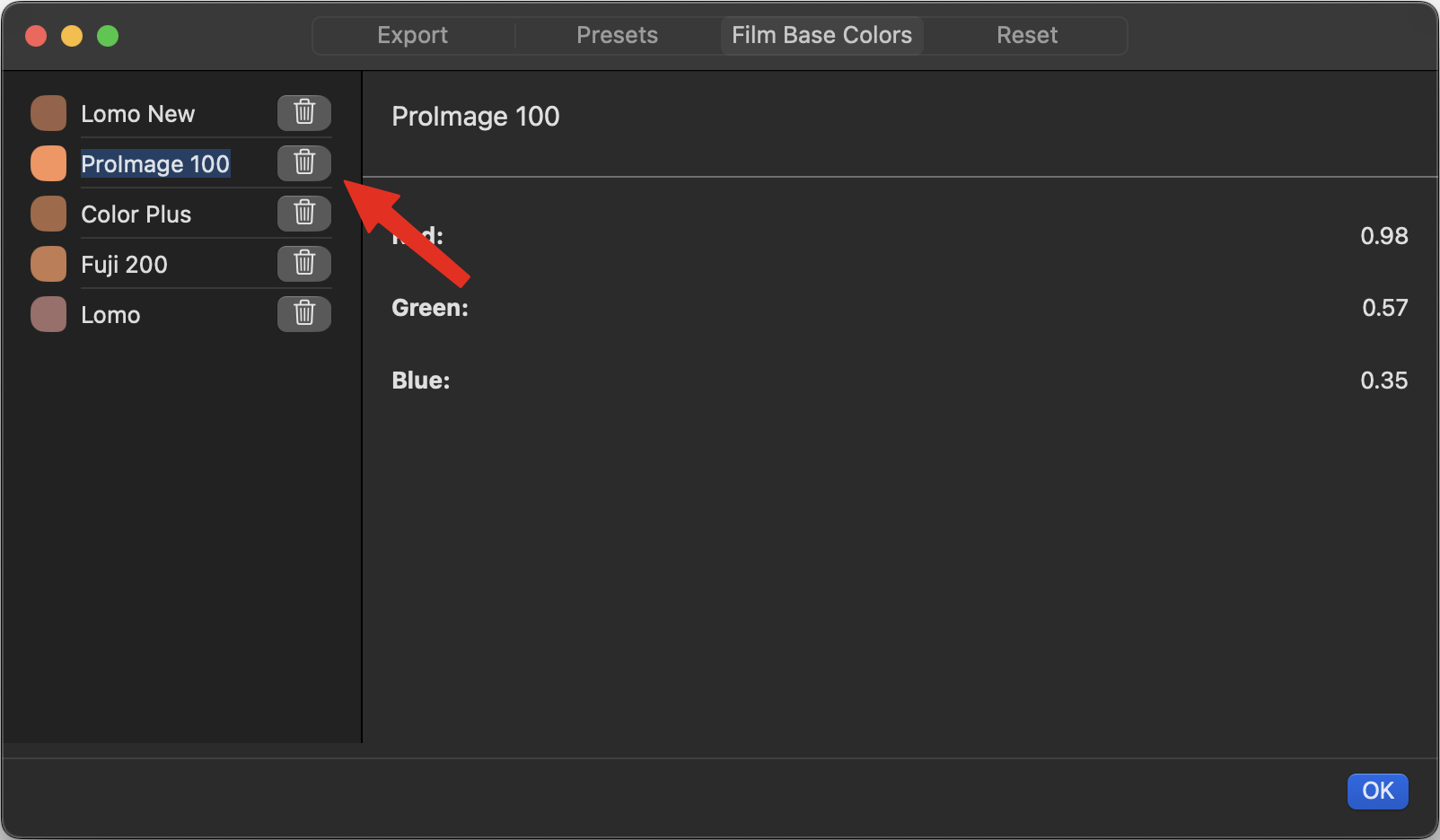 Delete Film Base Color/Preset