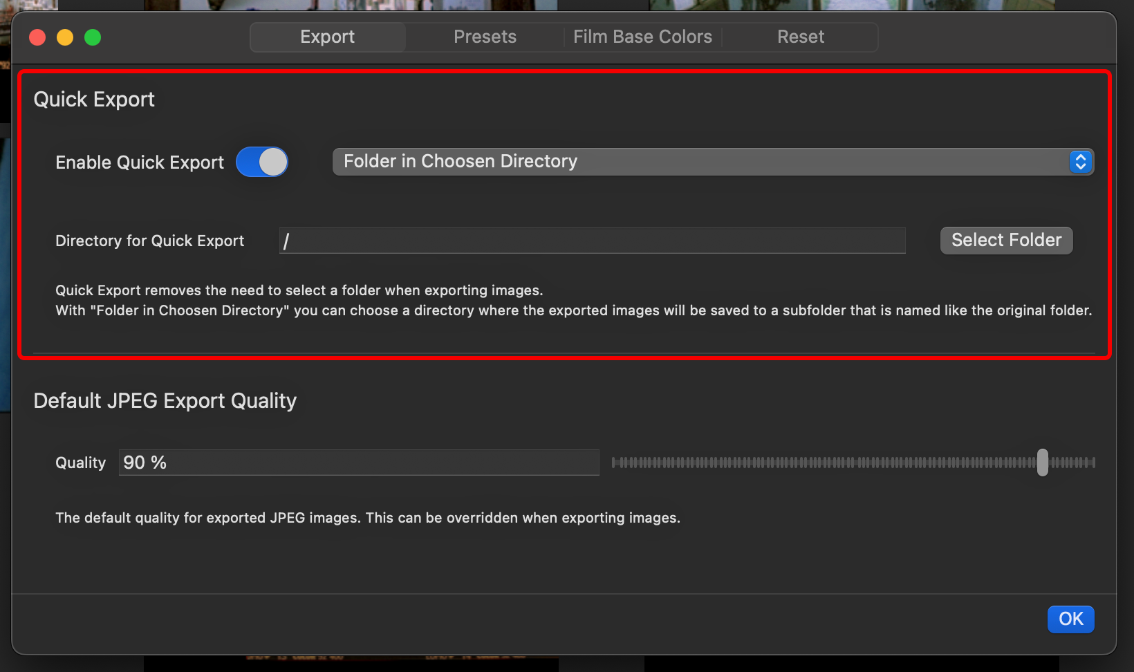 Quick Export in Preferences